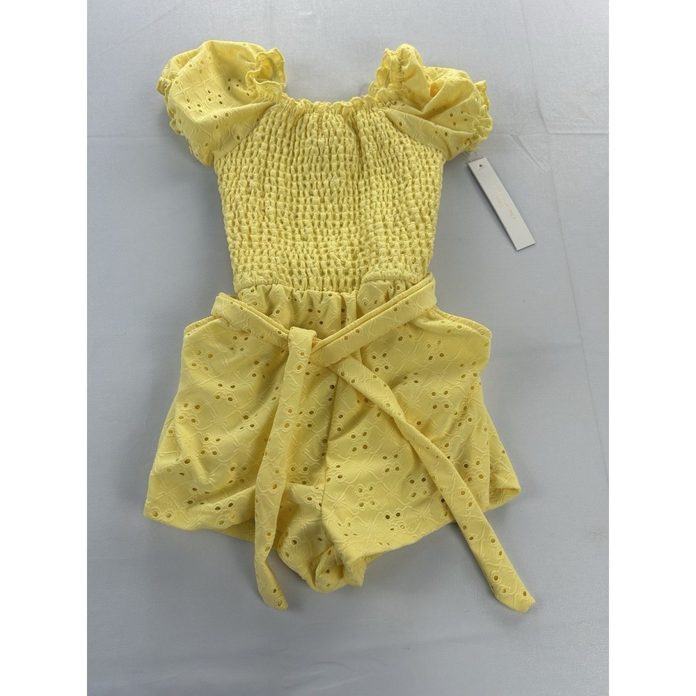 Tahari Girl Romper Size 6 Yellow Eyelet Smocked Puff Sleeve Belted Pockets New